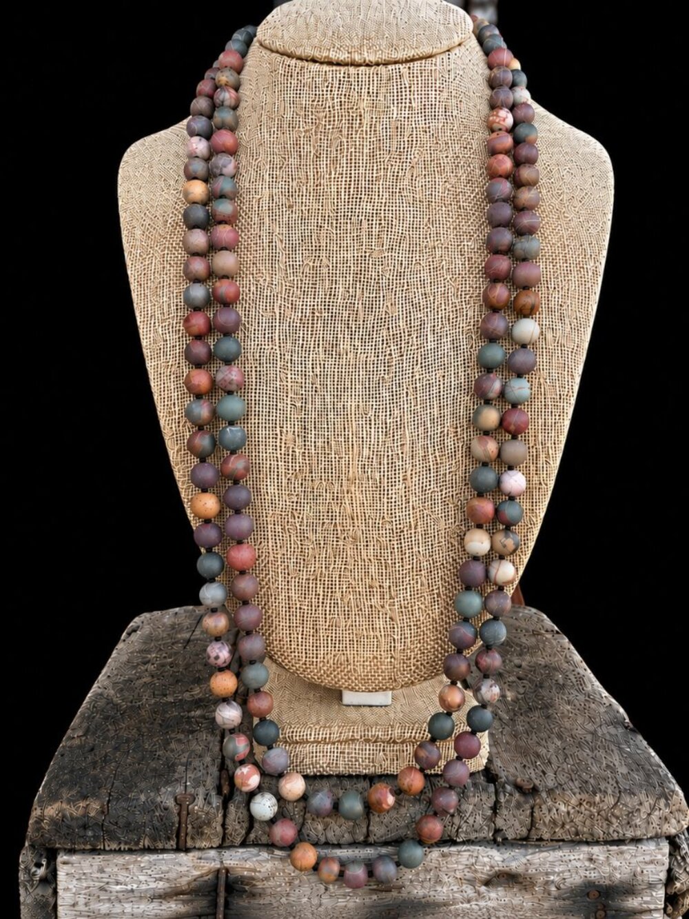 NWOT 60” Picasso Jasper Beaded Necklace 8mm Earth Tone Brown Blue Red Boho Layer